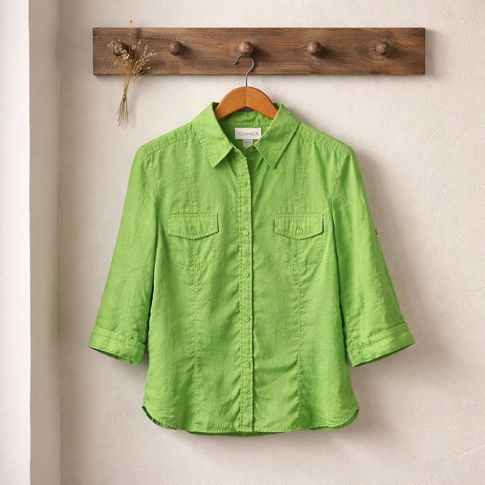 Chadwicks 100% Linen Kelly Green Button Up Shirt Womens 12 Coastal Cottagecore